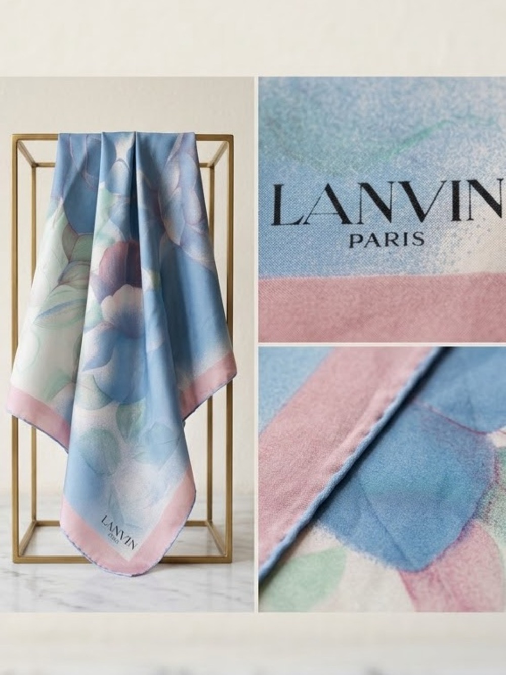 Vintage 1980s Lanvin Paris 100% Silk Square Scarf Blue Pink Floral